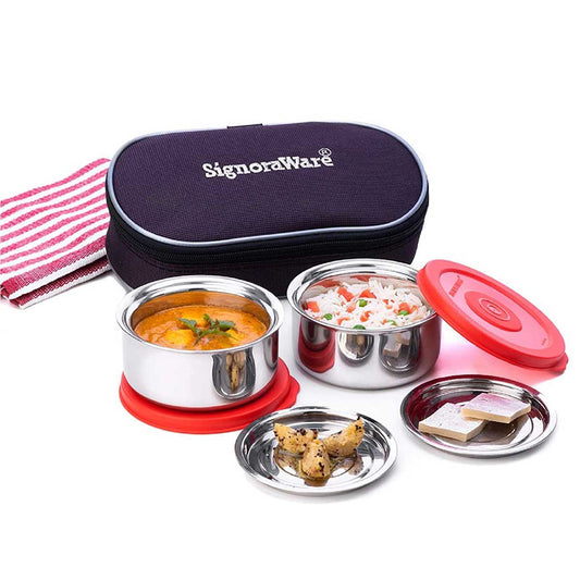 Signoraware Midday Twin Wall Steel Stainless Steel Lunch Box with Bag