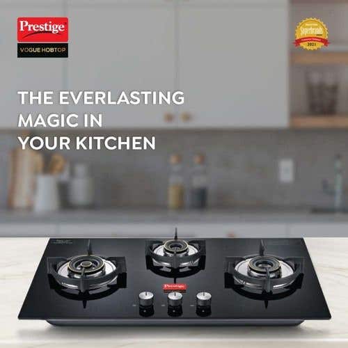 Prestige Vogue Hobtop PHTV 03 AI Glass Top Hob Gas Stove with One-Touch Advanced Auto-Ignition, 3 Burner