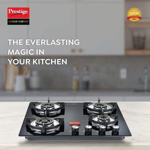 Prestige Vogue Hobtop PHTV 04 AI Glass Top Hob Gas Stove with One-Touch Advanced Auto-Ignition, 4 Burner