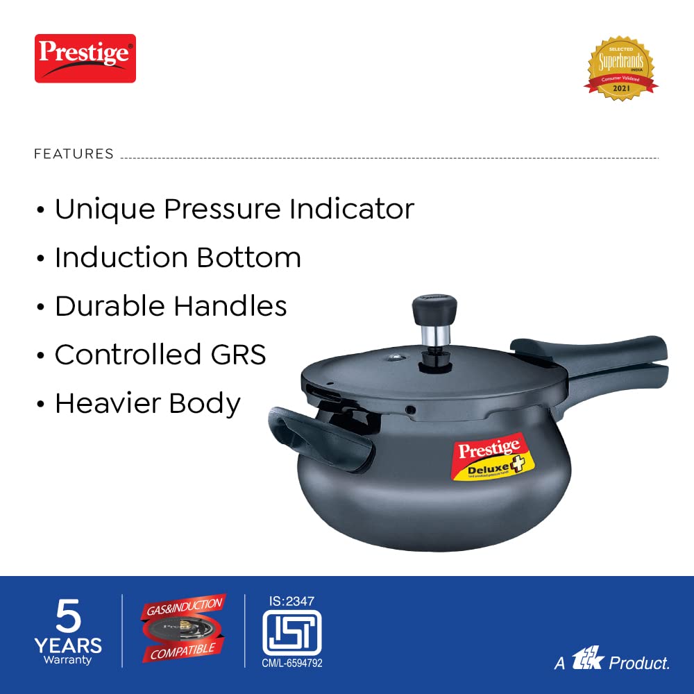 Prestige Deluxe Plus Hard Anodized Induction Base Outer Lid Pressure Cooker Junior Handi, 5 Litres