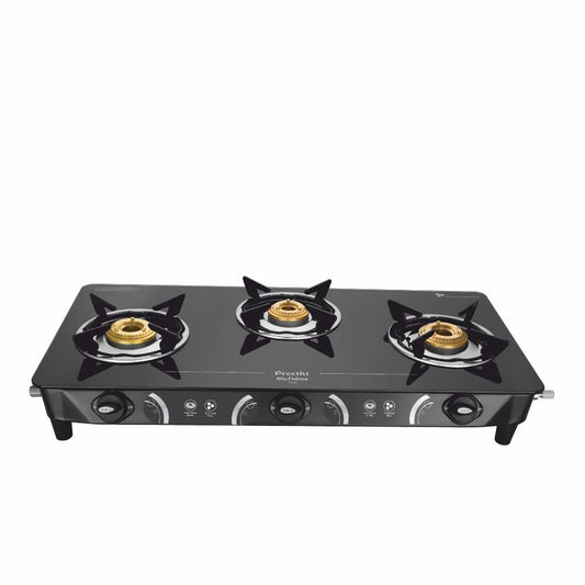 Preethi Blu Flame Zeal Plus GTS-409 Toughened Glass Top Gas Stove, 3 Burner