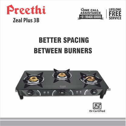 Preethi Blu Flame Zeal Plus GTS-409 Toughened Glass Top Gas Stove, 3 Burner
