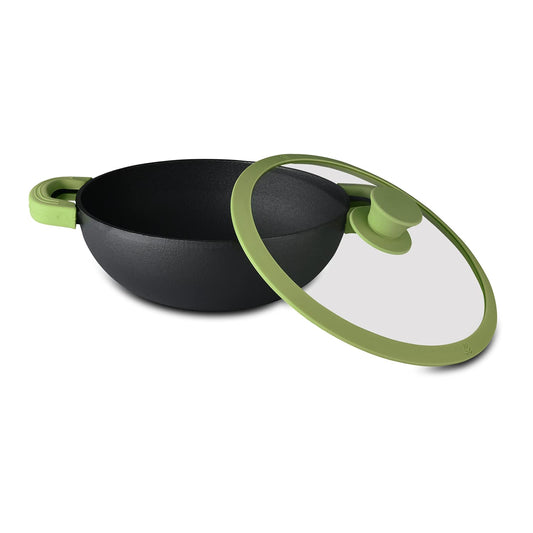 Bergner Elements Pre-Seasoned Cast Iron Kadai with Glass Lid