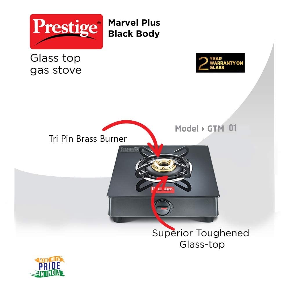 Prestige Marvel Plus GTM 01 Black Toughened Glass Top Gas Stove, 1 Burner