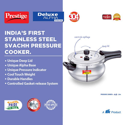 Prestige Deluxe Alpha Svachh Stainless Steel Induction Base Outer Lid Pressure Cooker Junior Handi, 4 Litres