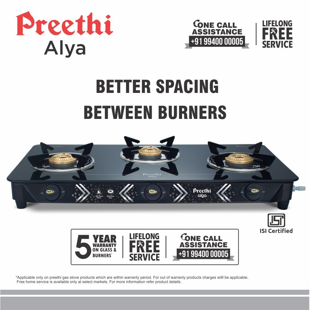 Preethi Alya GTS-413 Toughened Glass Top Gas Stove, 3 Burner
