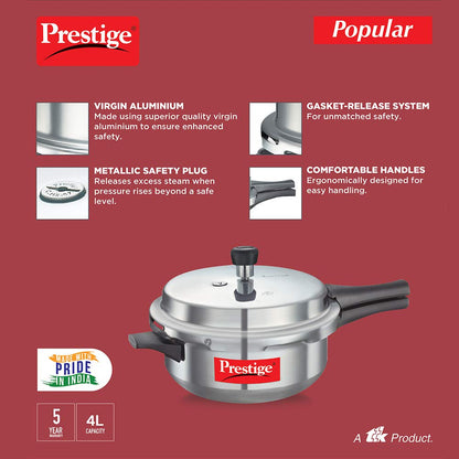Prestige Popular Aluminium Non-Induction Base Outer Lid Junior Deep Pressure Cooker Pan, 4 Litres