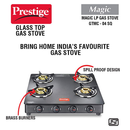 Prestige Magic GTMC 04 SQ Toughened Glass Top Gas Stove, 4 Burner