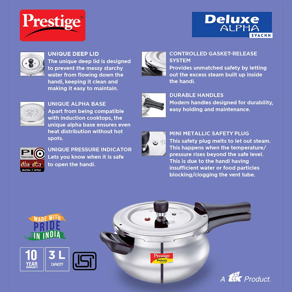 Prestige Deluxe Alpha Svachh Stainless Steel Induction Base Outer Lid Pressure Cooker Handi, 3 Litres