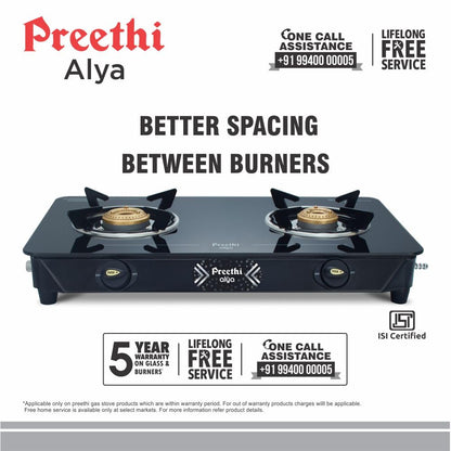 Preethi Alya GTS-411 Toughened Glass Top Gas Stove, 2 Burner