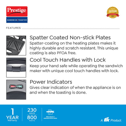 Prestige PSFSP Spatter Coated Sandwich Toasters with Fixed Sandwich Plates, 800W