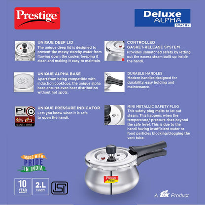 Prestige Deluxe Alpha Svachh Stainless Steel Induction Base Outer Lid Pressure Cooker Handi, 2 Litres