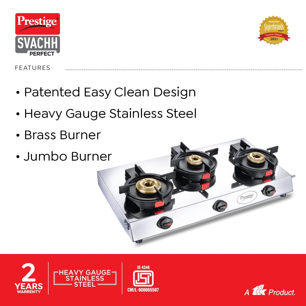 Prestige Svachh Perfect Stainless Steel Gas Stove with Liftable Burners, 3 Burners