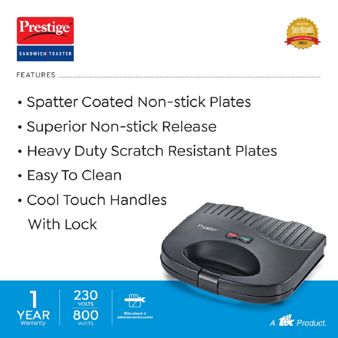 Prestige PGFSP Spatter Coated Sandwich Maker with Fixed Grill Plates, 800W