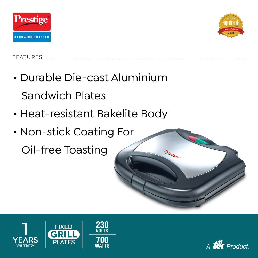 Prestige PSMFS Sandwich Maker with Fixed Sandwich Plates, 700W