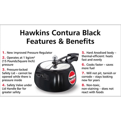 Hawkins Contura Black Hard Anodised Aluminium Non-Induction Base Inner Lid Pressure Cooker, 5 Litres