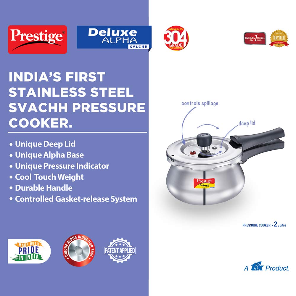 Prestige Deluxe Alpha Svachh Stainless Steel Induction Base Outer Lid Pressure Cooker Handi, 2 Litres