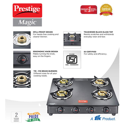 Prestige Magic GTMC 04 SQ Toughened Glass Top Gas Stove, 4 Burner