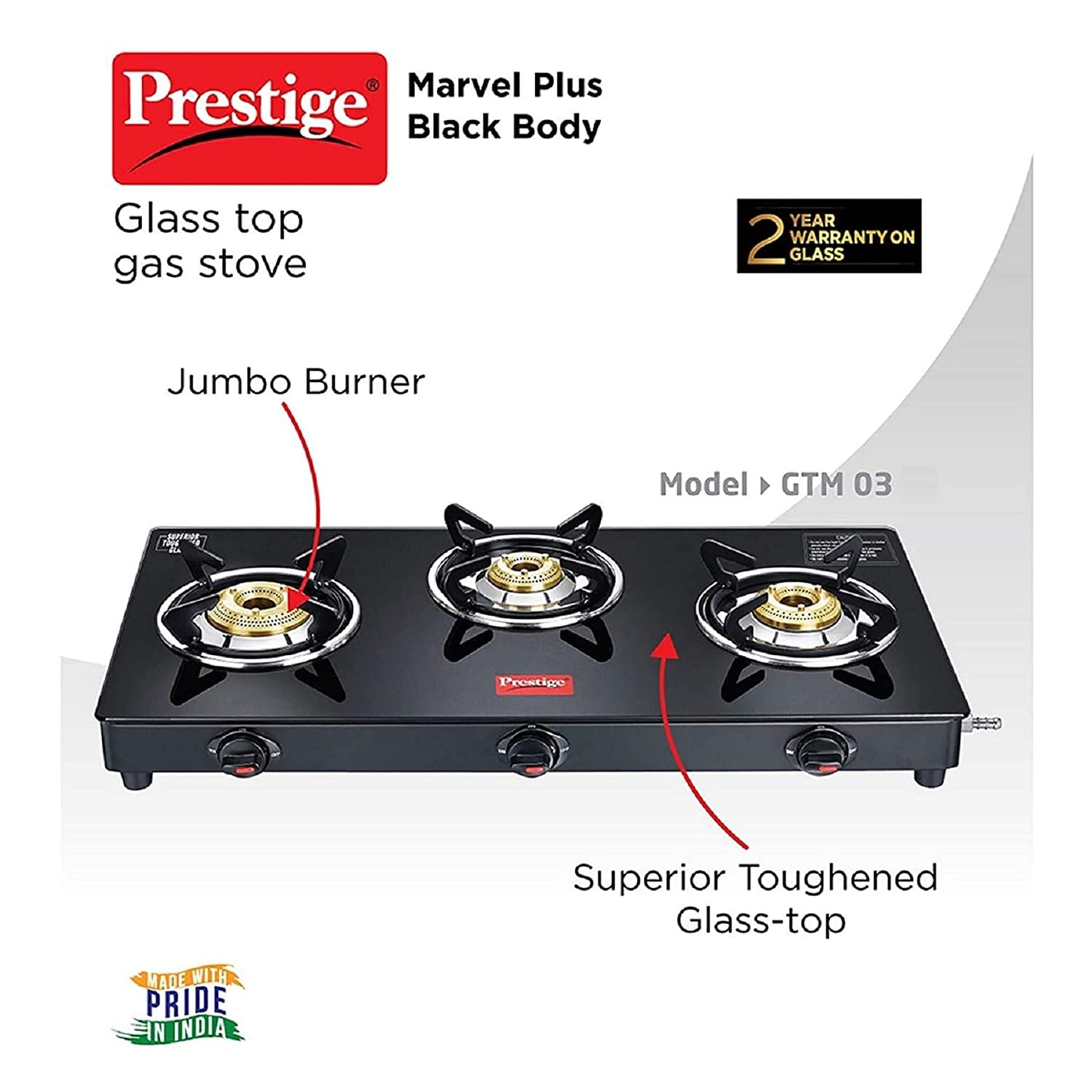 Prestige Marvel Plus GTM 03L Black Toughened Glass Top Gas Stove, 3 Burner
