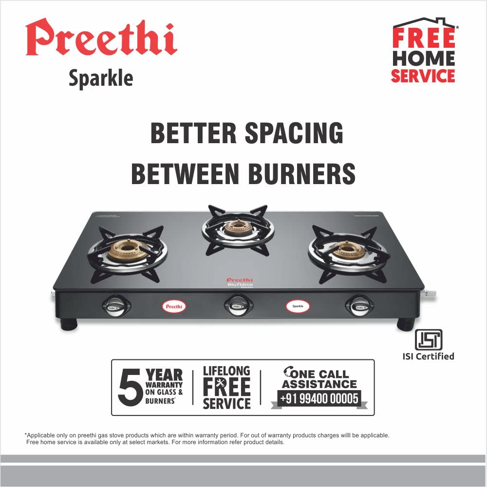 Preethi Blu Flame Sparkle GTS-104 Toughened Glass Top Gas Stove, 3 Burner