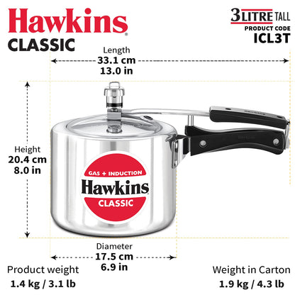 Hawkins Classic Aluminium Induction Base Inner Lid Pressure Cooker, 3 Litres Tall