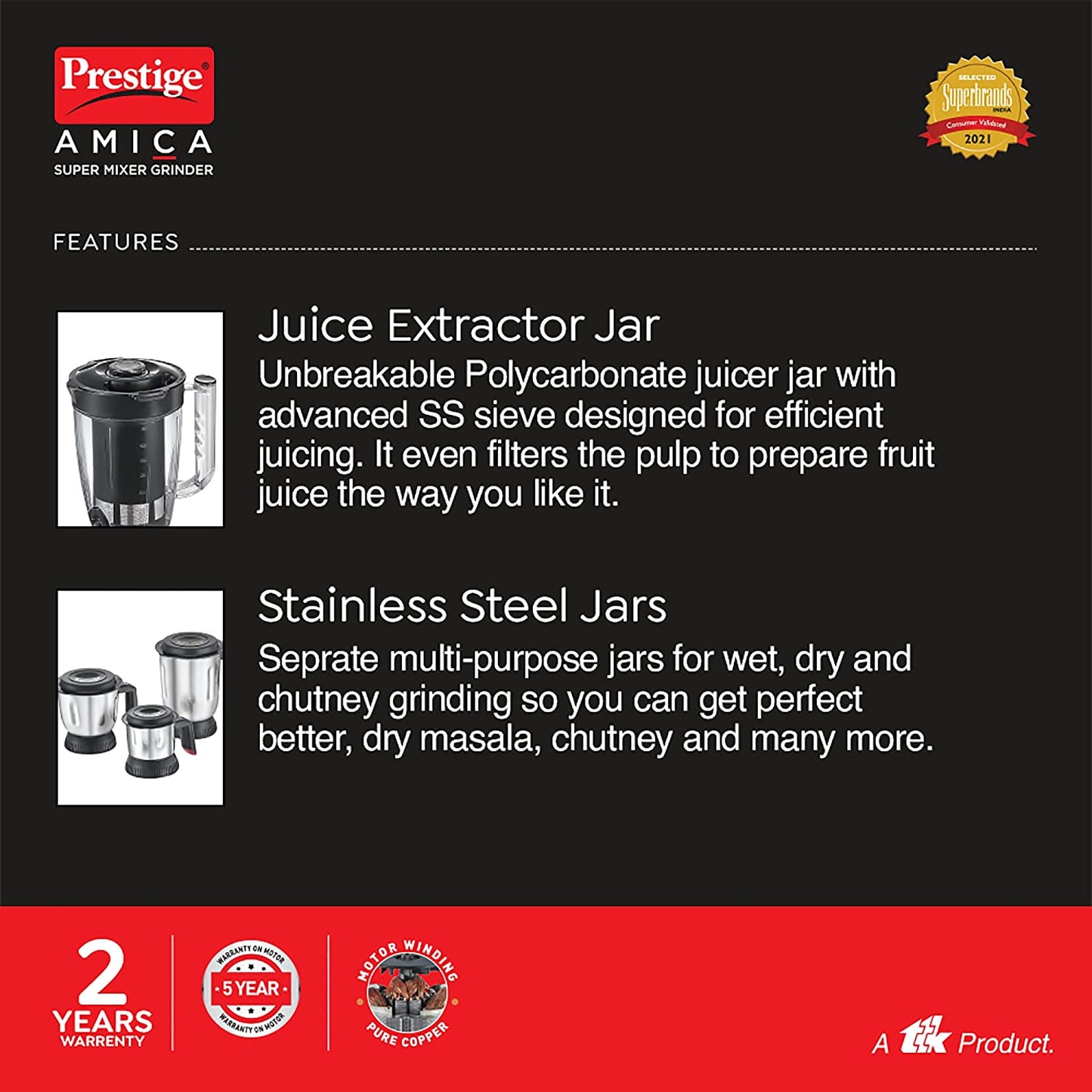 Prestige Amica Super Mixer Grinder, 1000W, 5 Jars