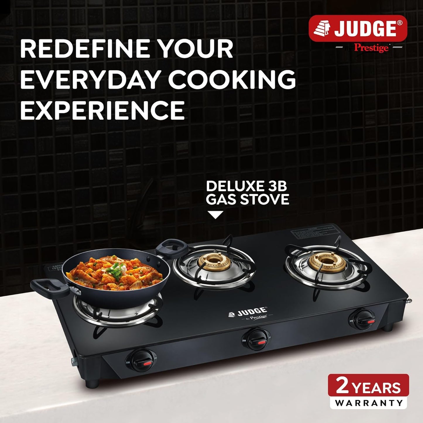 Judge by Prestige Deluxe Toughened Glass Top Gas Stove, 3 Burners