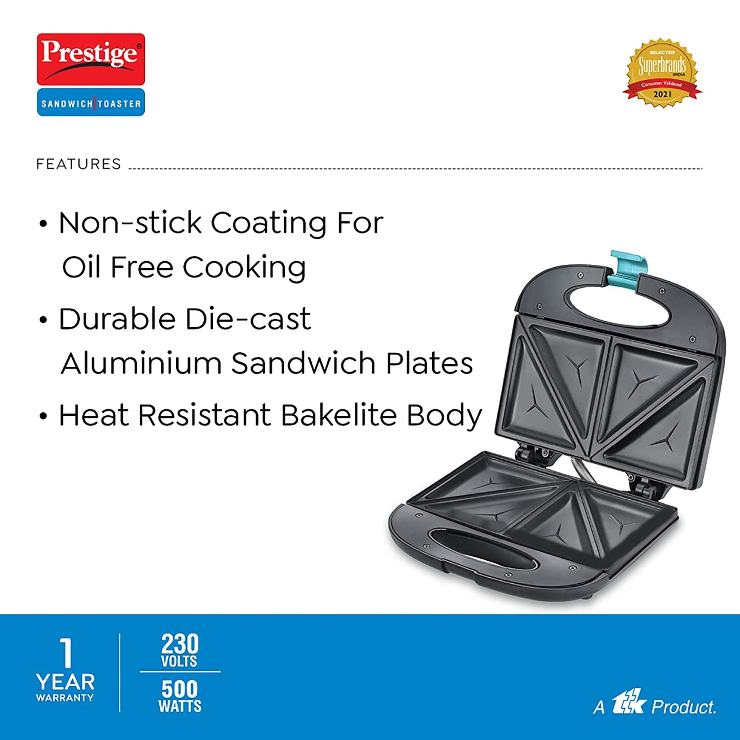 Prestige PSMFB-D Sandwich Maker with Fixed Sandwich Plates, 800W