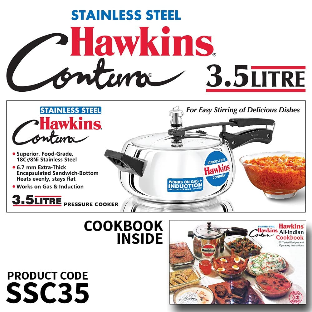 Hawkins Contura Stainless Steel Induction Base Inner Lid Pressure Cooker, 3.5 Litres