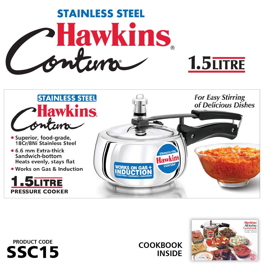 Hawkins Contura Stainless Steel Induction Base Inner Lid Pressure Cooker, 1.5 Litres