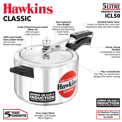 Hawkins Classic Aluminium Induction Base Inner Lid Pressure Cooker, 5 Litres