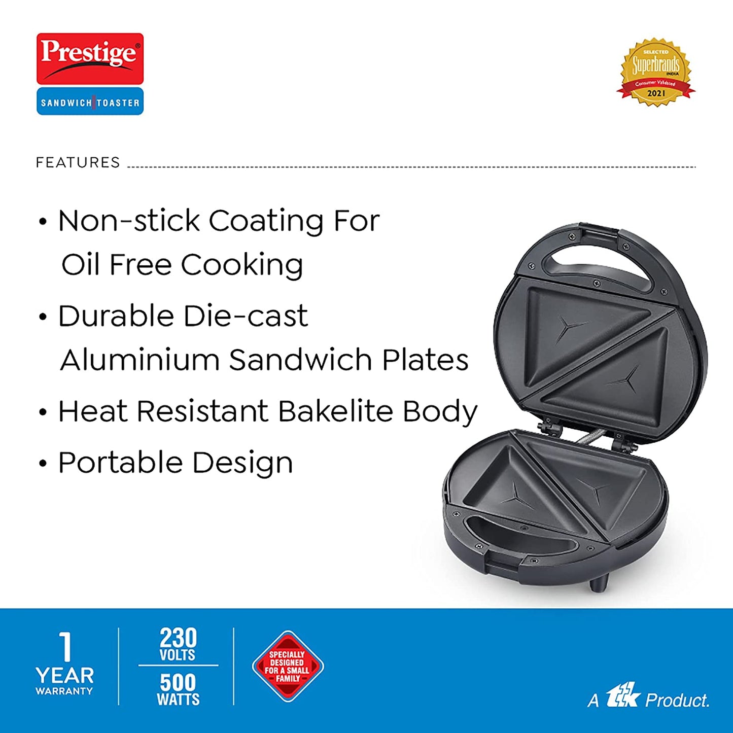 Prestige PSSP Single Sandwich Toaster with Fixed Sandwich Plates, 500W