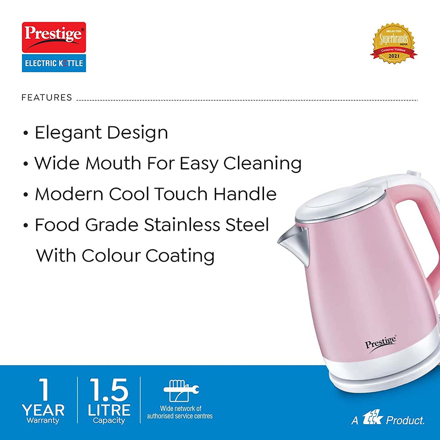 Prestige PKPC 1.5 Pink Electric Kettle, 1.5 Litres