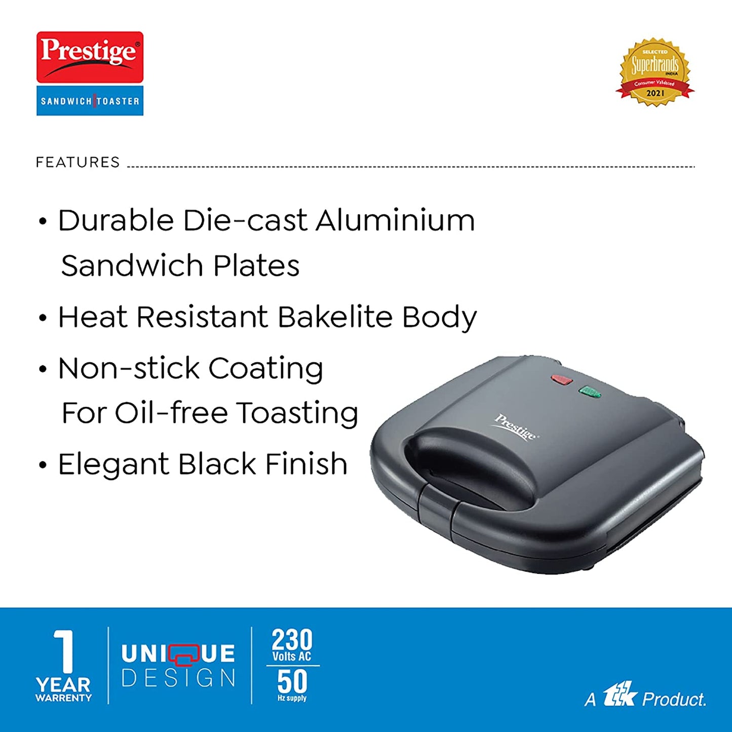 Prestige PSMFB Sandwich Maker with Fixed Sandwich Plates, 800W