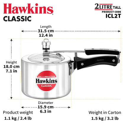 Hawkins Classic Aluminium Induction Base Inner Lid Pressure Cooker, 2 Litres Tall