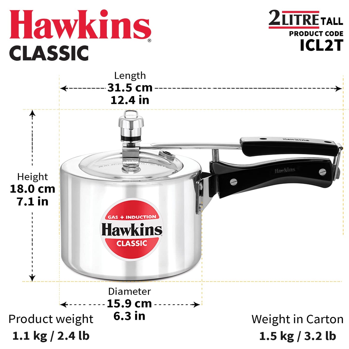 Hawkins Classic Aluminium Induction Base Inner Lid Pressure Cooker, 2 Litres Tall