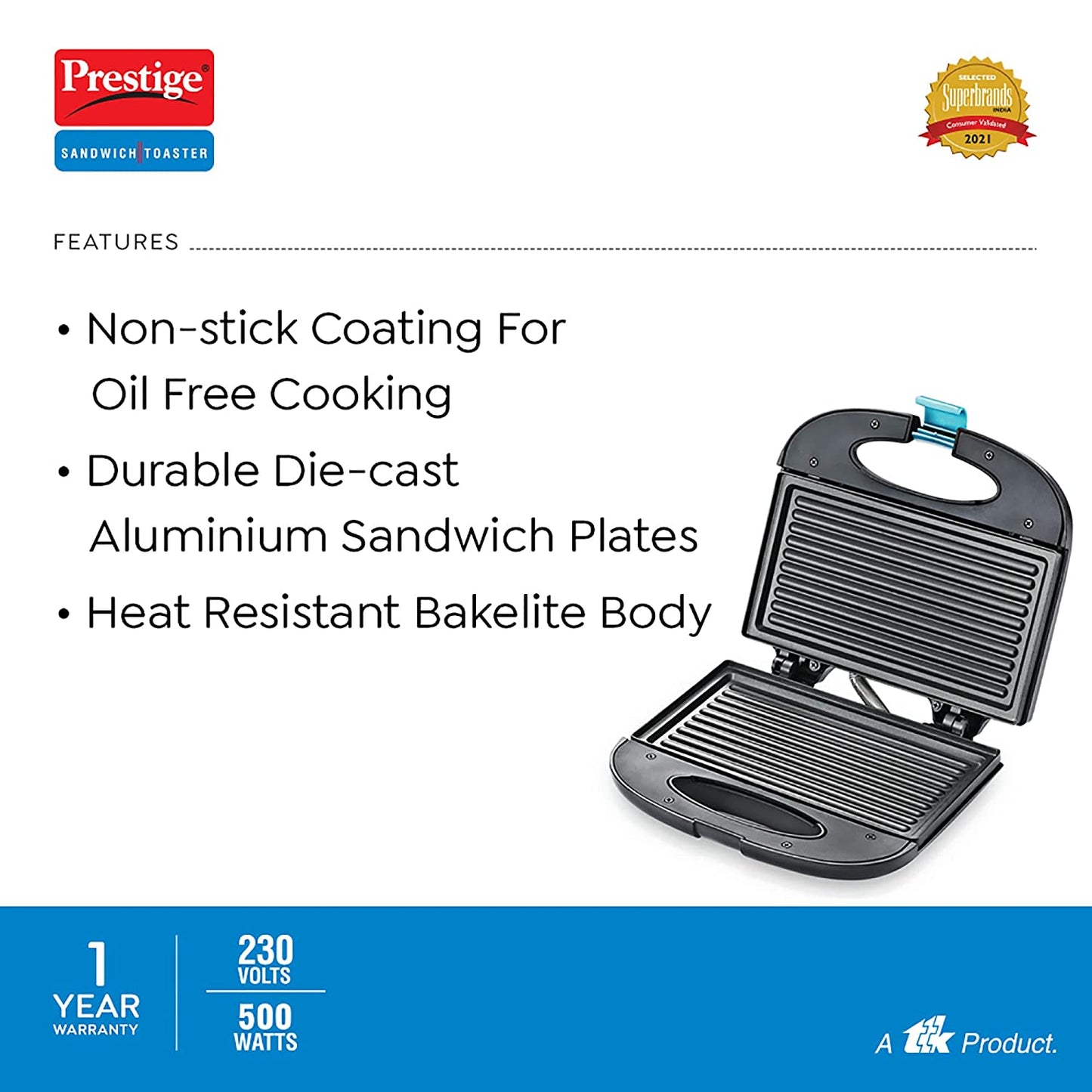 Prestige PGMFB-D Sandwich Maker with Fixed Grill Plates, 800W