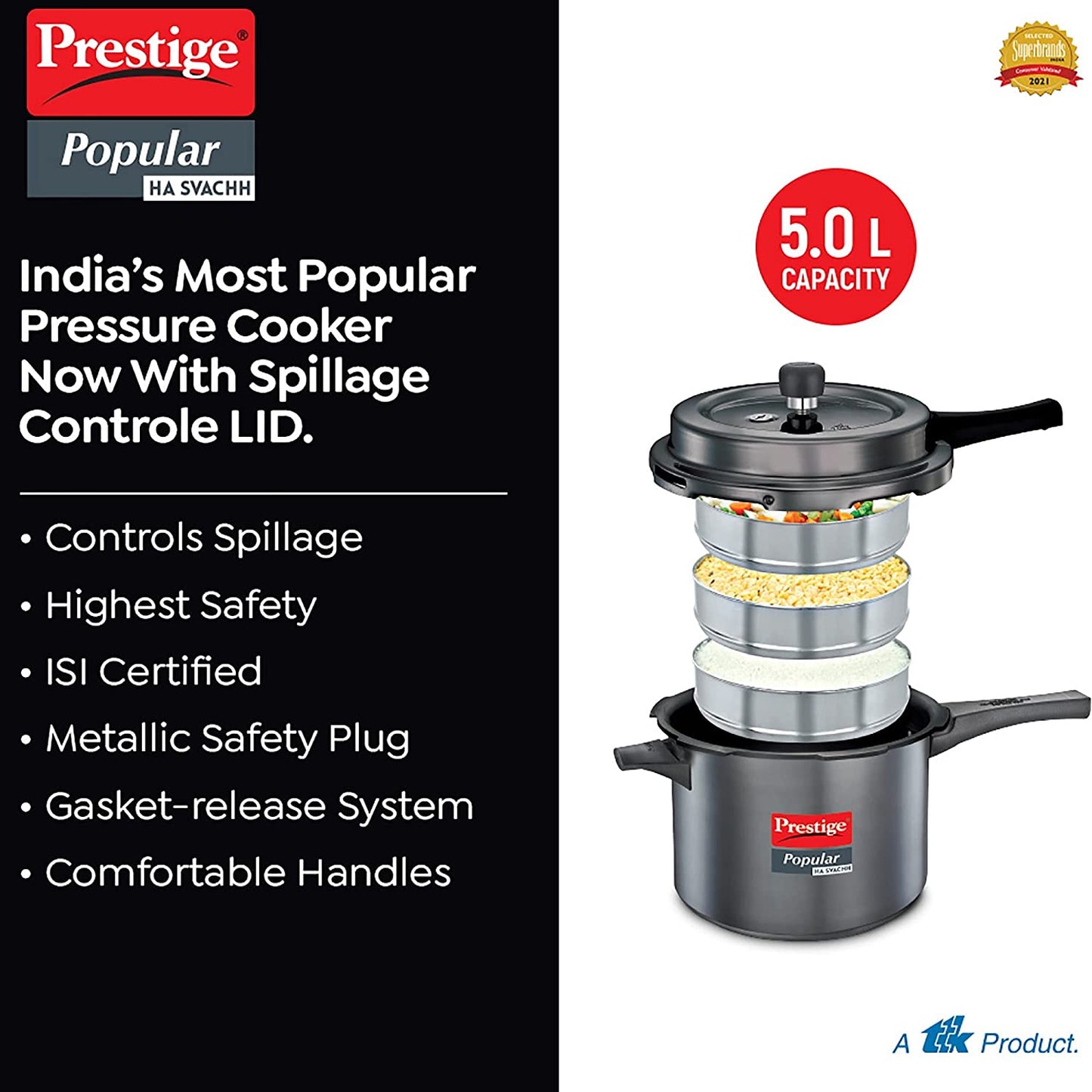 Prestige Popular Svachh Hard Anodised Stainless Steel Induction Base Outer Lid Pressure Cooker, 5 Litres