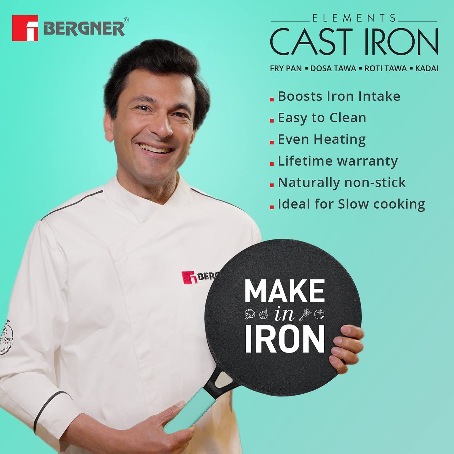 Bergner Elements Pre-Seasoned Cast Iron Concave Roti Tawa, 260MM