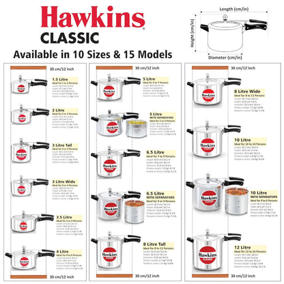 Hawkins Classic Aluminium Non-Induction Base Inner Lid Pressure Cooker, 12 Litres