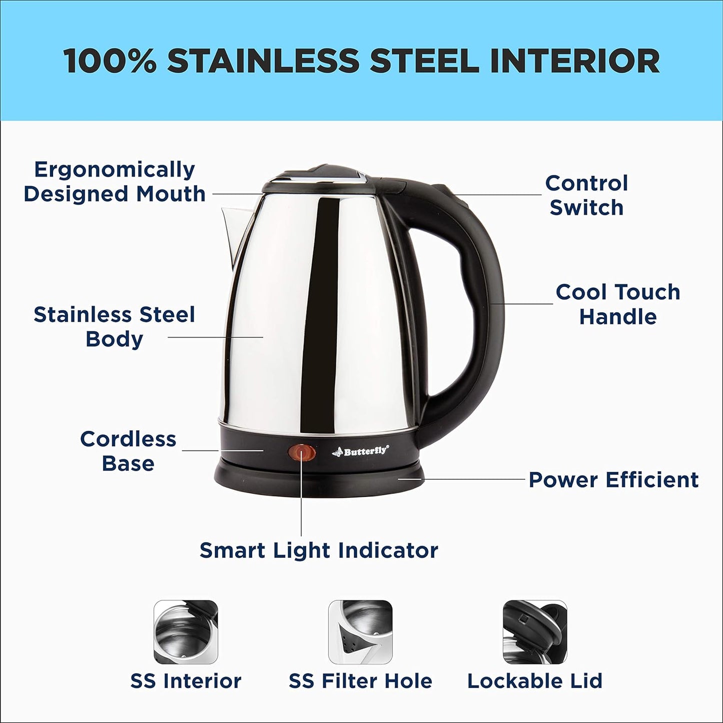 Butterfly EKN Stainless Steel Electric Kettle, 1.8 Litres