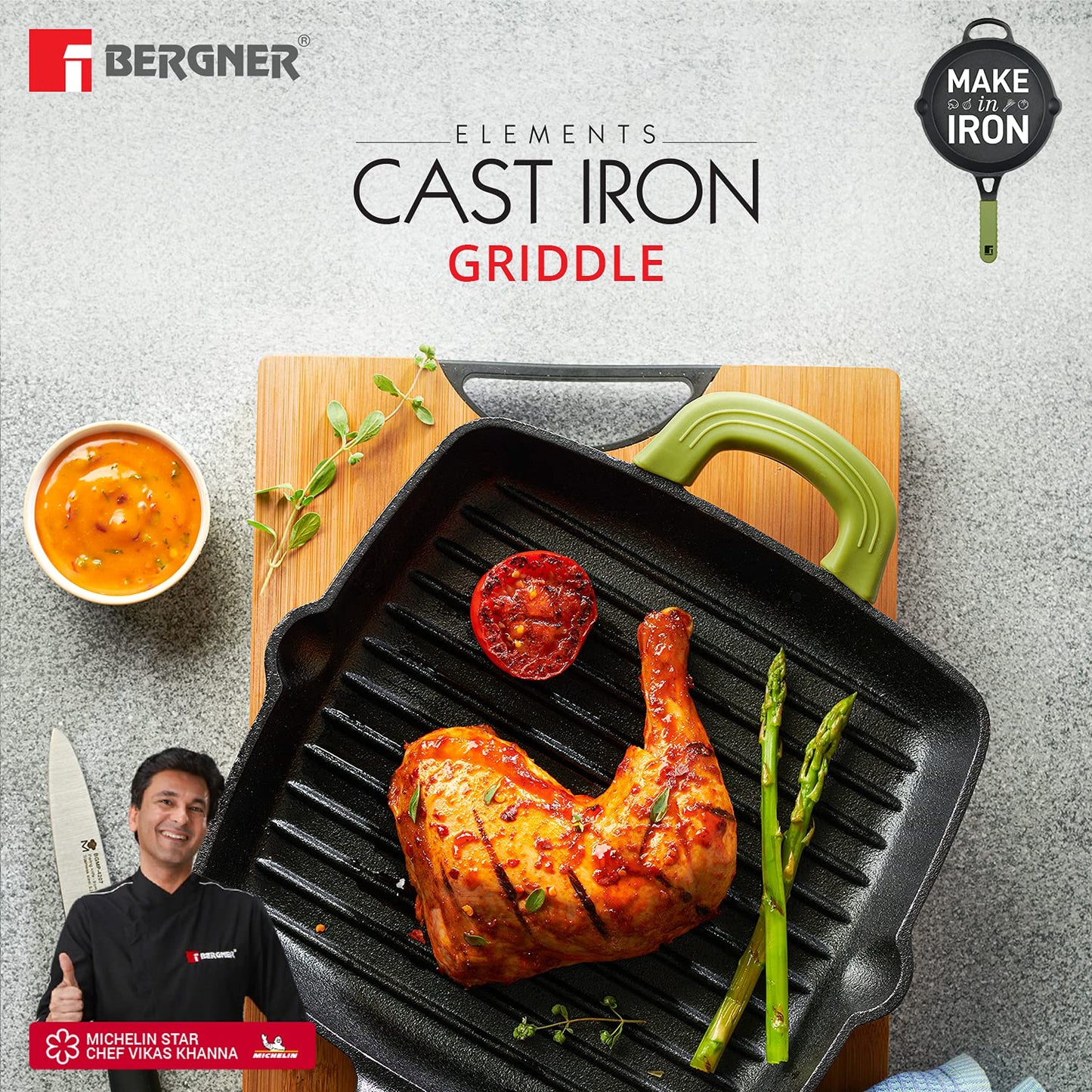 Bergner Elements Pre-Seasoned Cast Iron Grill Pan, 270MM