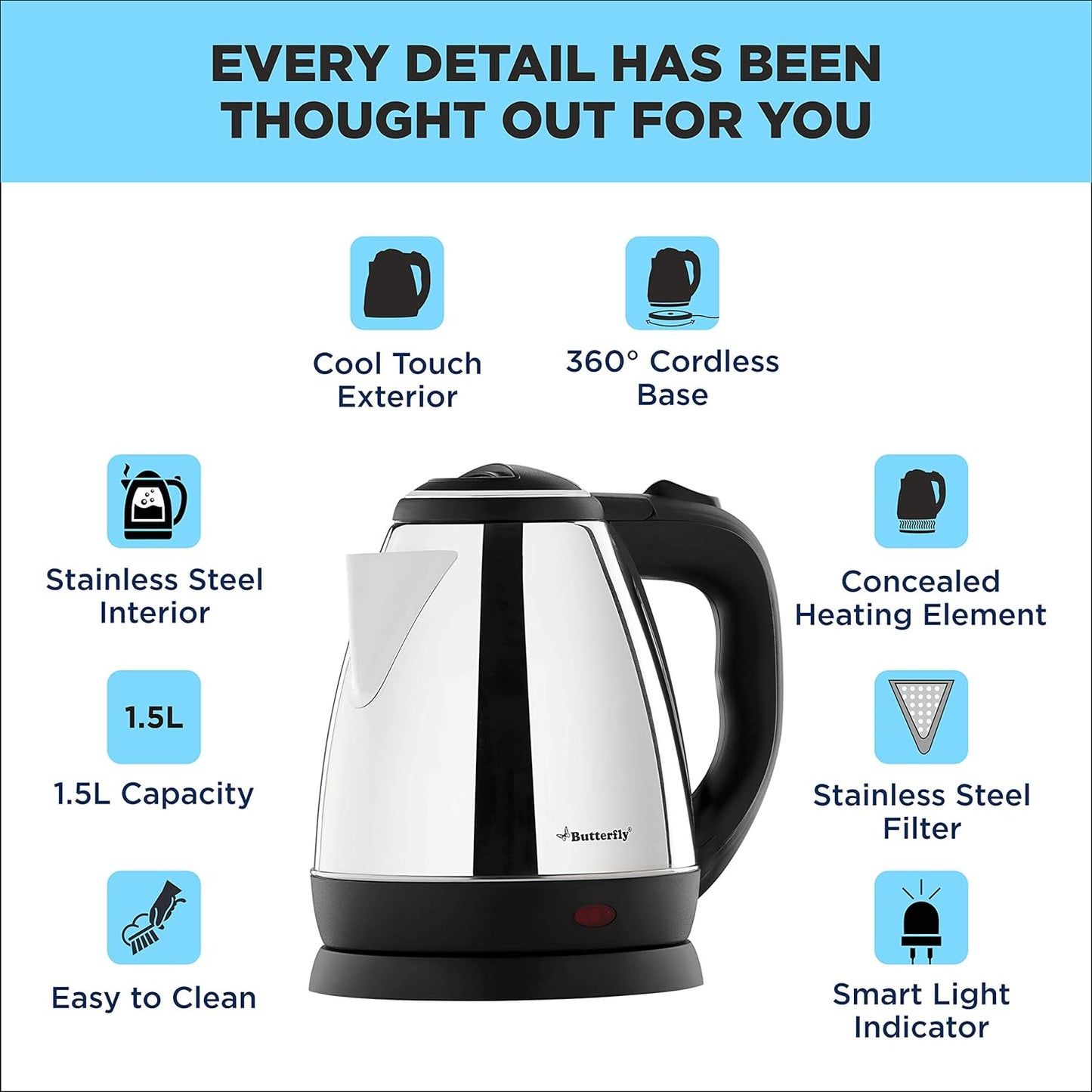 Butterfly EKN Stainless Steel Electric Kettle, 1.5 Litres