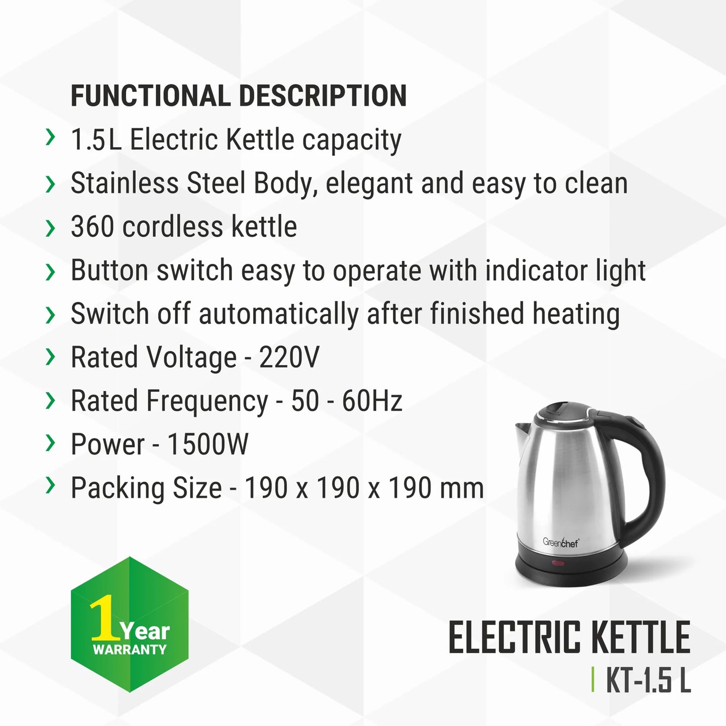 Greenchef Stainless Steel Electric Kettle, 1.5 Litres