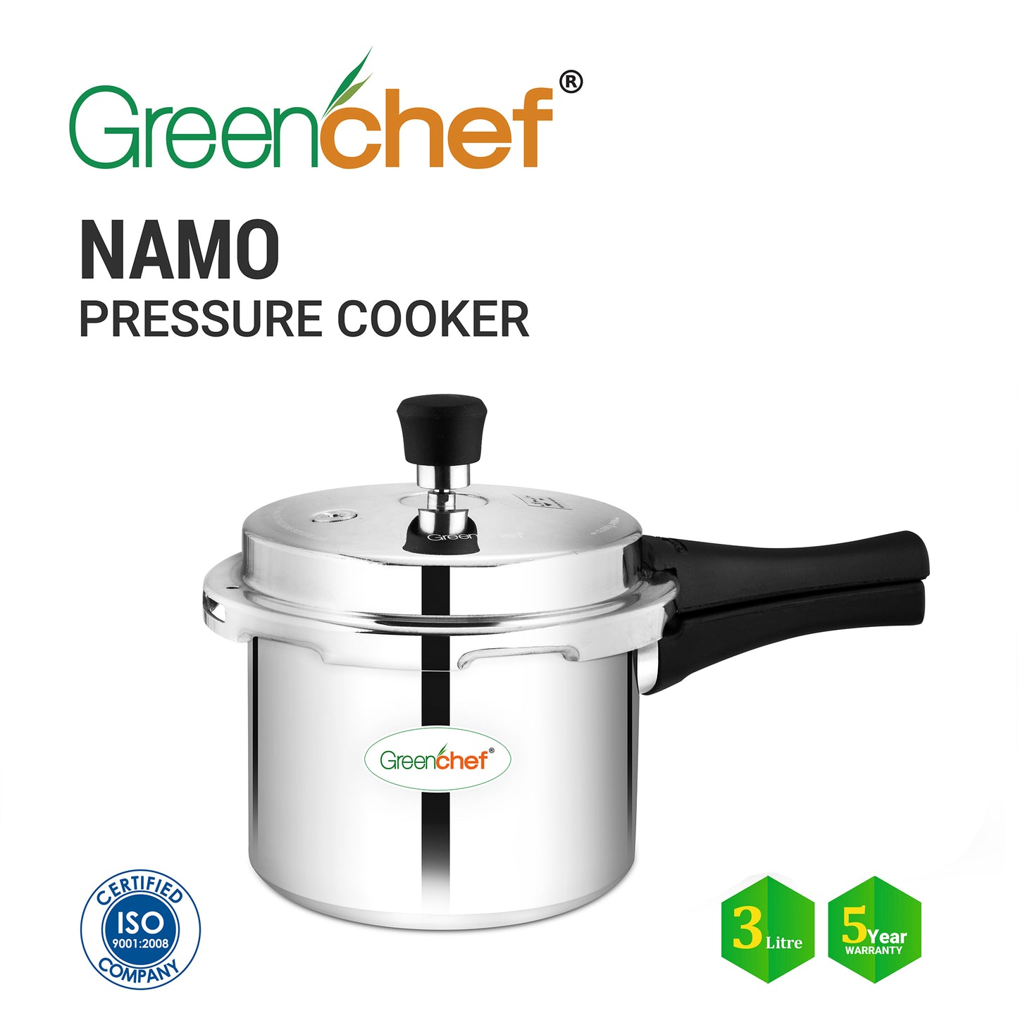 Greenchef Namo Aluminium Non-Induction Base Outer Lid Pressure Cooker, 3 Litres