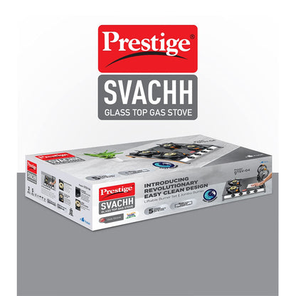 Prestige Svachh GTSV 04 Toughened Glass Top Gas Stove with Liftable Burner Set, 4 Burners