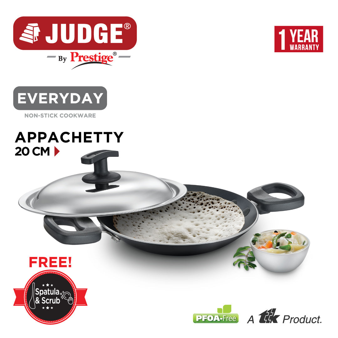 Judge by Prestige Everyday Non-Stick Non-Induction Base Appachatty with Lid, 200 MM