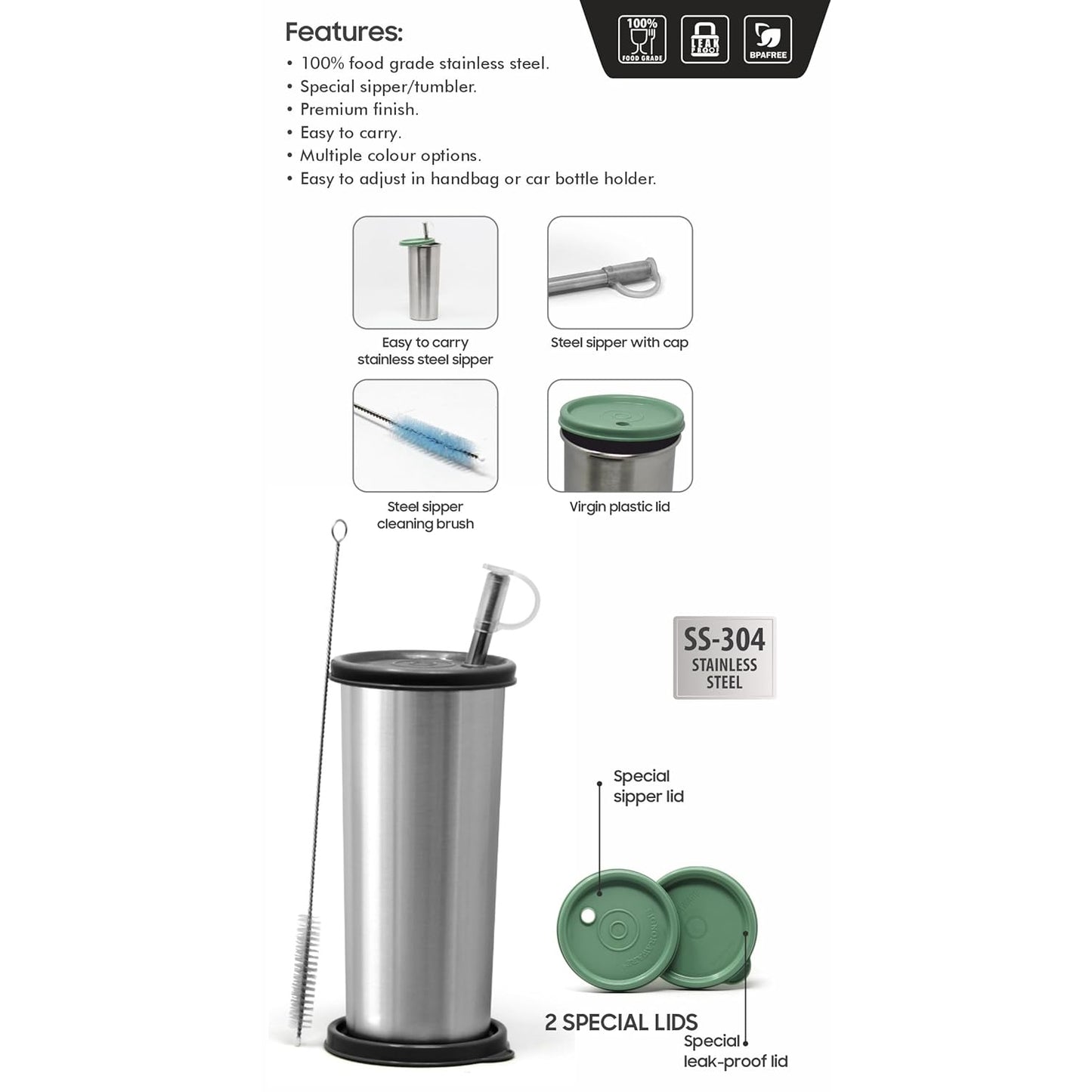 Signoraware Sip Fast Stainless Steel Glass with 1 Straw and 2 Lids