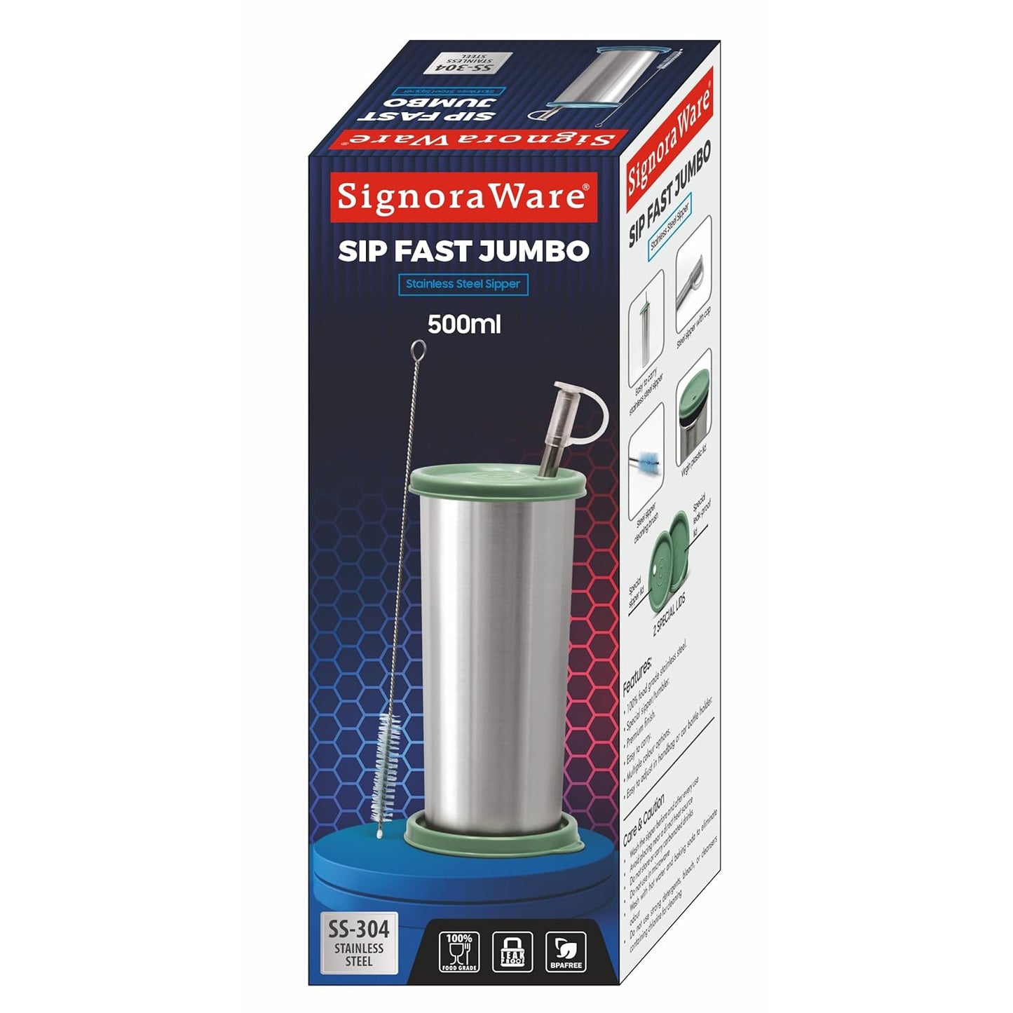 Signoraware Sip Fast Stainless Steel Glass with 1 Straw and 2 Lids