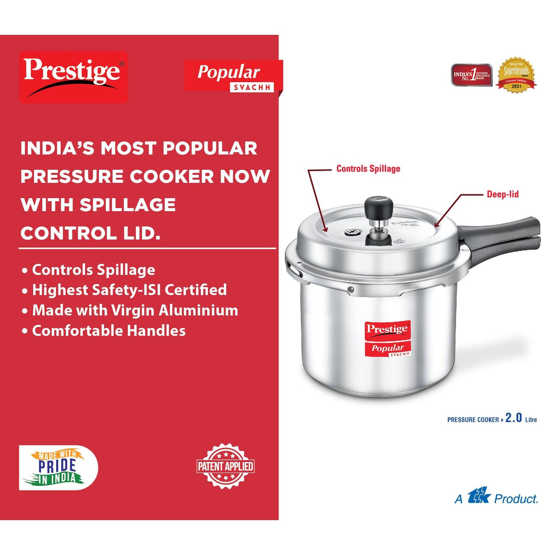 Indian Prestige Popular Plus Induction Hard Anodized Pressure Cooker 2 LIT  White